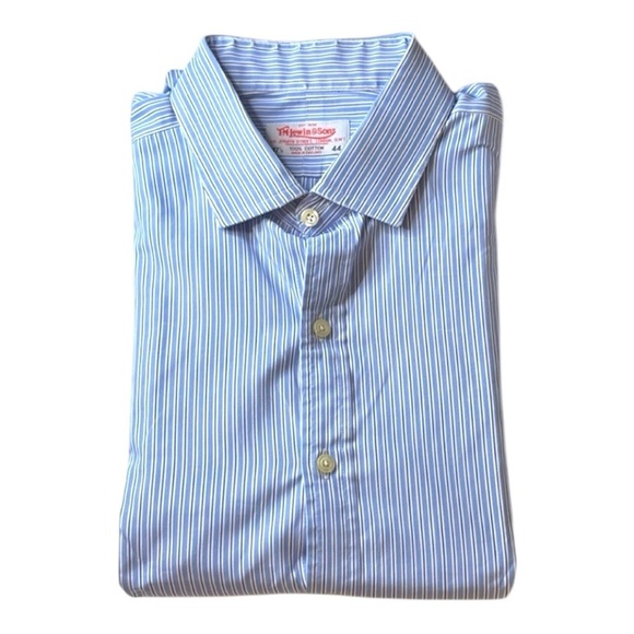T.M.Lewin Shirt Mens 17.5/44 Blue Striped Collared Long Sleeve - Picture 1 of 3